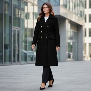 Maeve Black Double Breasted Tweed Coat Maxi Women's Classic Staple Dark Academia